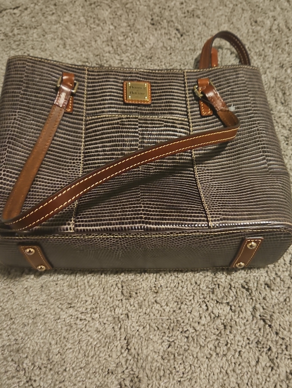 Dooney & Bourke Brown Lizard-Embossed Leather Shoulder Tote with Tan Straps